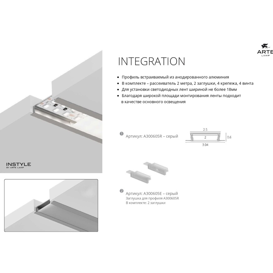 Arte Lamp INTEGRATION A300605E Комплект из 2 торцевых заглушек для алюминиевого профиля A300605R