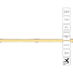 Arte Lamp A2432005-03-6K Светодиодная лента сплошная узкая, длина 5м, ширина 5 мм, COB 10Вт/м 850Лм/м 6000К 120° CRI90+ IP20 24В, кратность резки 50мм, -20°...+45°C