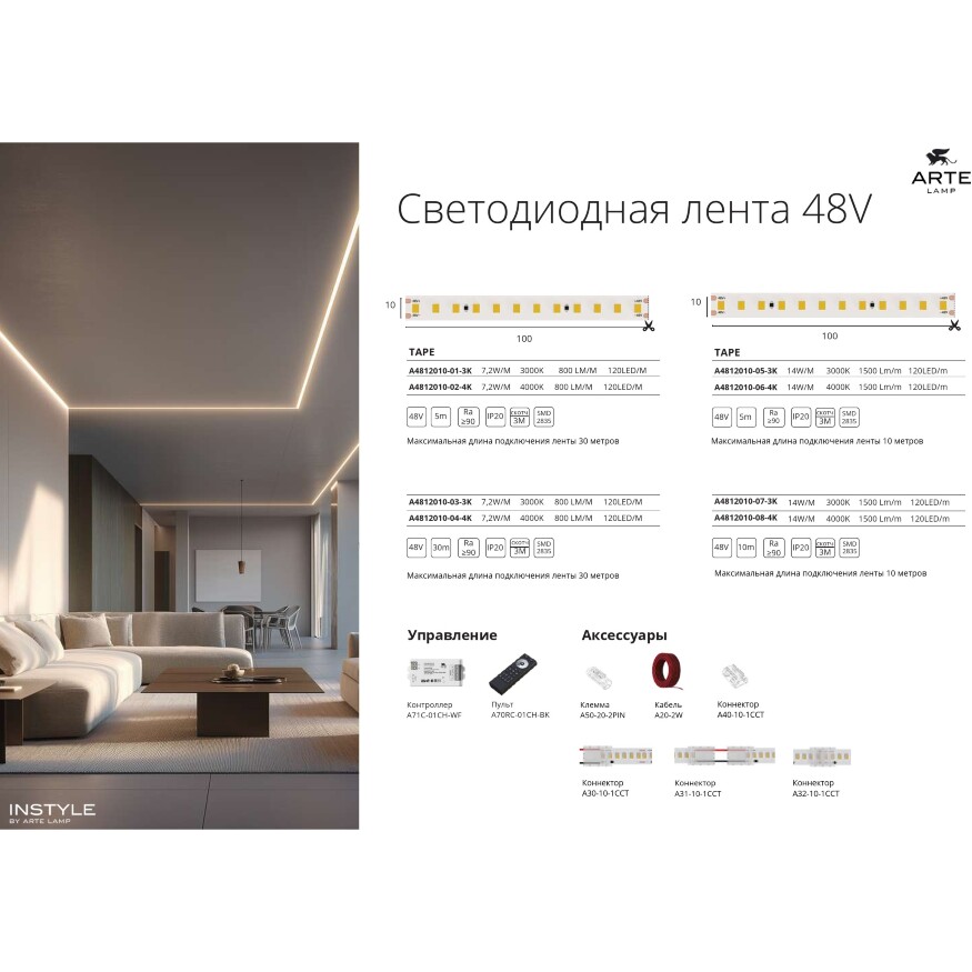 Arte Lamp A4812010-05-3K Светодиодная лента, длина 5м, ширина 10 мм, SMD2835 120шт/м 14Вт/м 1400Лм/м 3000К 120° CRI90+ IP20 48В, кратность резки 100мм, -20°...+45°C