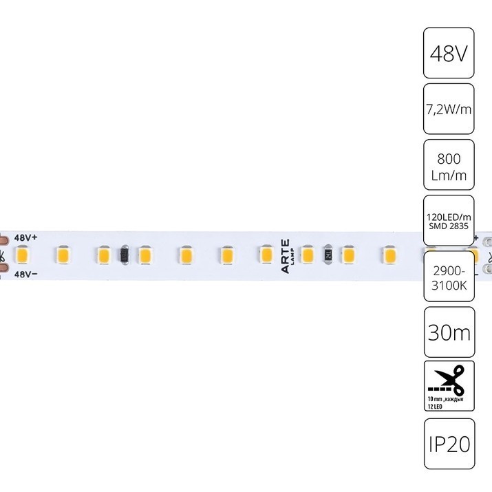 A4812010-03-3K Светодиодная лента 48В 7.2Вт/м 800Лм/м 3000К CRI 90+ 10мм SMD2835 120шт/м 30м IP20