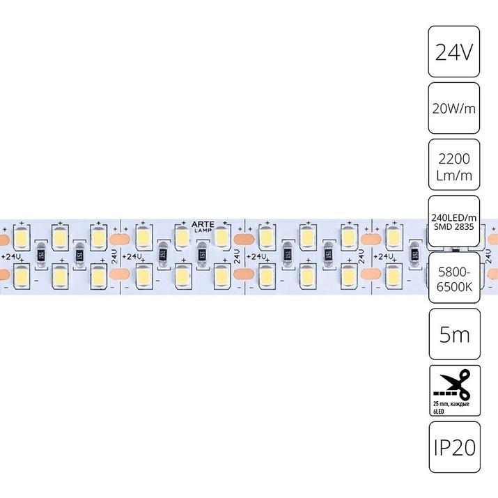 A2424015-03-6K Светодиодная лента 24В 20Вт/м 2200Лм/м 6000К CRI 90+ 15мм SMD2835 240шт/м 5м IP20