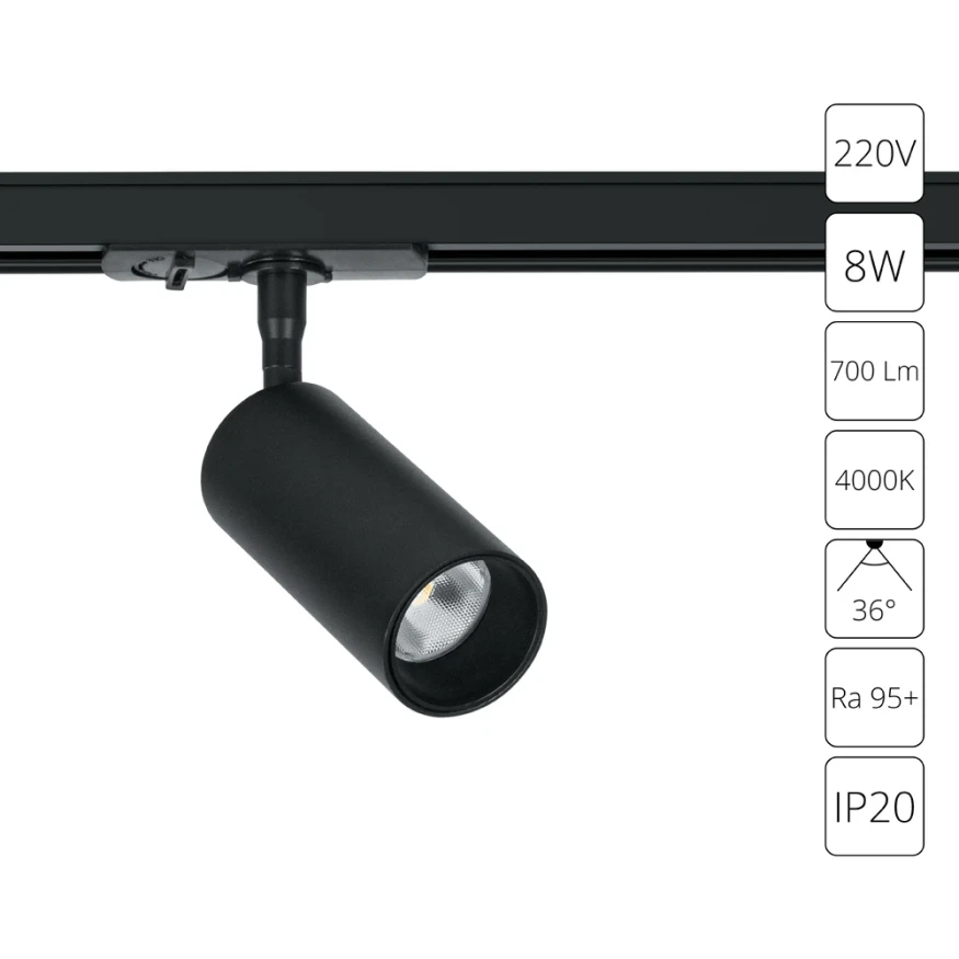 Трековый однофазный двужильный светильник Arte Lamp AERO A1345PL-1BK LED 8W 95Ra 700лм 36град 4000К