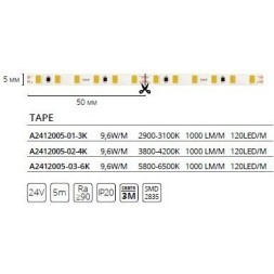A2412005-02-4K Светодиодная лента 24В 9,6Вт/м 1000Лм/м 4000К CRI 90+ 5мм SMD2835 120шт/м 5м IP20
