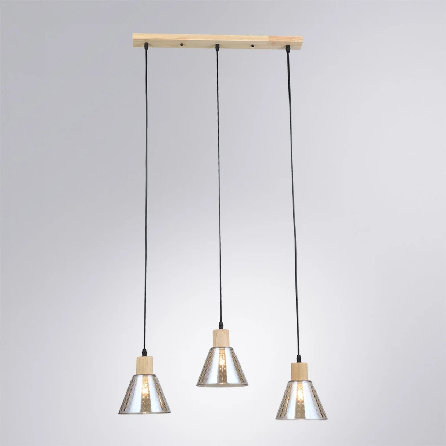 Arte Lamp Lancaster A5891SP-3BK Тройной подвесной современный светильник с 3 янтарными плафонами из стекла диаметром 15 см, основание из натурального светлого дерева, высота провода 100 см, лампы E27 3шт до 60Вт IP20 220В