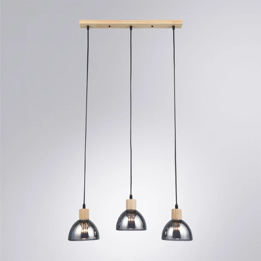 Arte Lamp Lancaster A5869SP-3BK Тройной подвесной современный светильник с дымчатым плафоном из стекла диаметром 15 см, основание из натурального светлого дерева, высота провода 100 см, лампы E27 3шт до 60Вт IP20 220В