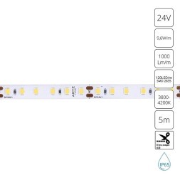 A2412008-05-4K Светодиодная лента 24В 9,6Вт/м 1000Лм/м 4000K CRI 90+ 8мм SMD2835 120шт/м 5м IP65
