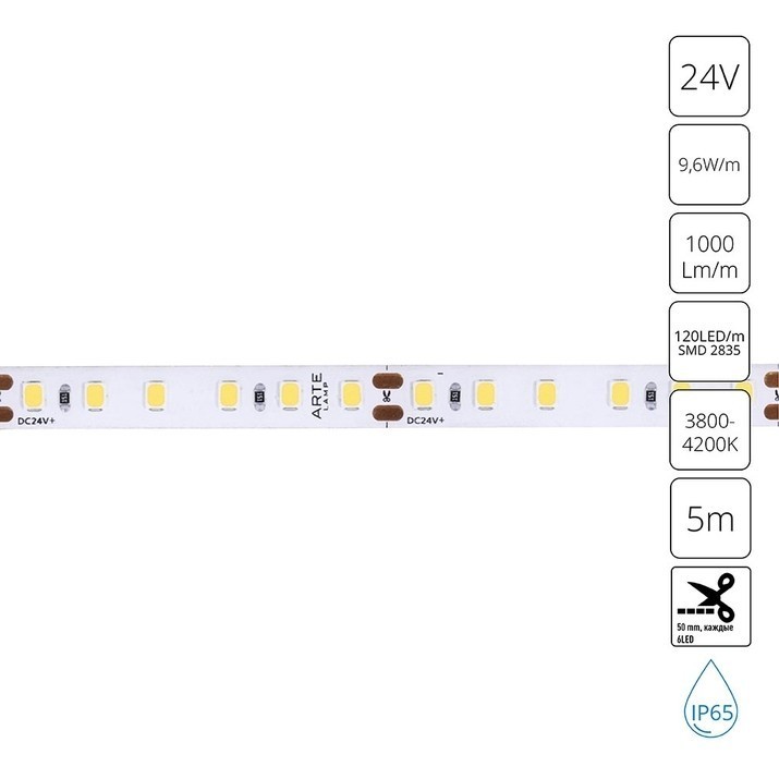 A2412008-05-4K Светодиодная лента 24В 9,6Вт/м 1000Лм/м 4000K CRI 90+ 8мм SMD2835 120шт/м 5м IP65