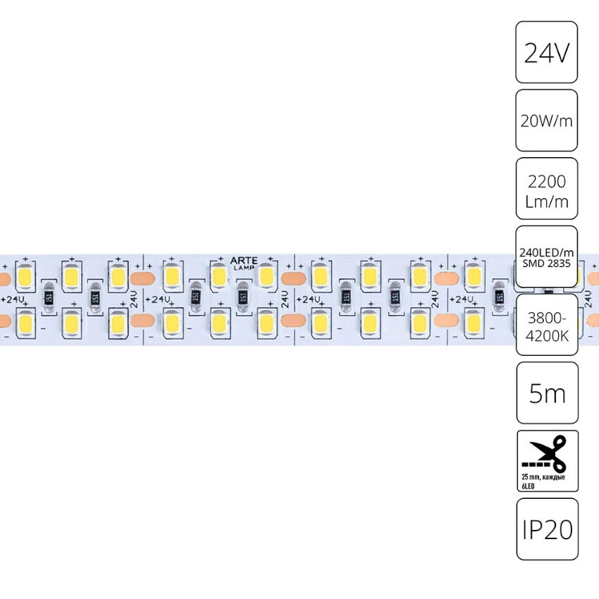 A2424015-02-4K Светодиодная лента 24В 20Вт/м 2200Лм/м 4000К CRI 90+ 15мм SMD2835 240шт/м 5м IP20