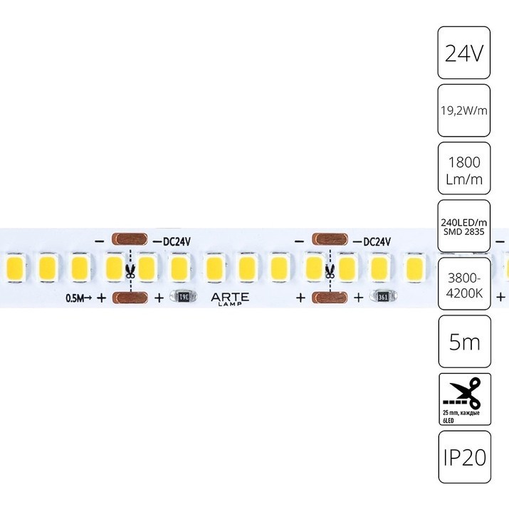 A2424010-02-4K Светодиодная лента 24В 19,2Вт/м 1800Лм/м 4000К CRI 90+ 10мм SMD2835 240шт/м 5м IP20