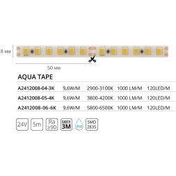 A2412008-04-3K Светодиодная лента 24В 9,6Вт/м 1000Лм/м 3000К CRI 90+ 8мм SMD2835 120шт/м 5м IP65