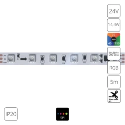 Arte Lamp A2406010-05-RGB Светодиодная лента SPI (по-пиксельное цифровое управление участками) RGB диапазона, длина 5 метров, ширина 10мм, SMD5050 60шт/м 14,4Вт/м 310Лм/м (R:75Лм G:190 B:45) CRI90+ 120° IP20 24В, кратность резки 100мм, -20°...+45°C