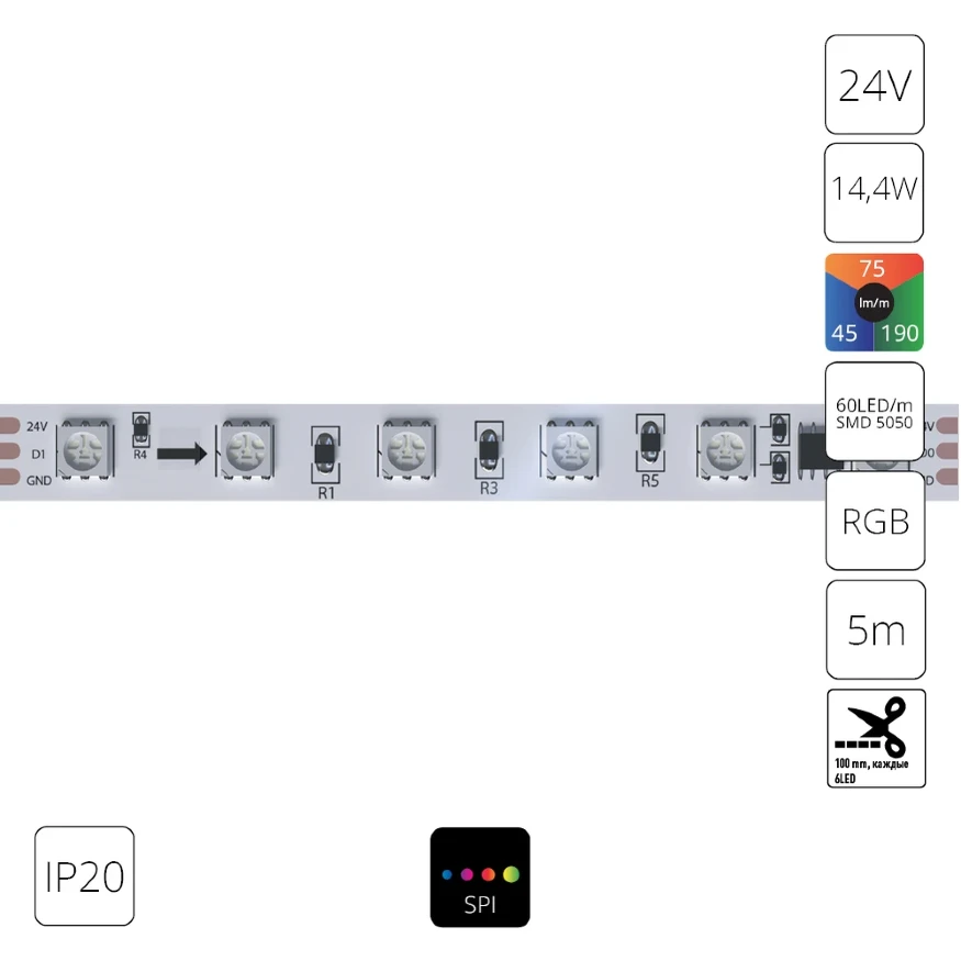 Arte Lamp A2406010-05-RGB Светодиодная лента SPI (по-пиксельное цифровое управление участками) RGB диапазона, длина 5 метров, ширина 10мм, SMD5050 60шт/м 14,4Вт/м 310Лм/м (R:75Лм G:190 B:45) CRI90+ 120° IP20 24В, кратность резки 100мм, -20°...+45°C