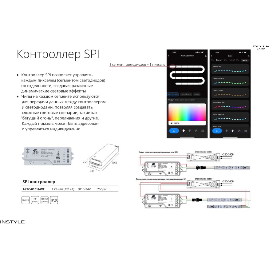 Arte Lamp A2406010-05-RGB Светодиодная лента SPI (по-пиксельное цифровое управление участками) RGB диапазона, длина 5 метров, ширина 10мм, SMD5050 60шт/м 14,4Вт/м 310Лм/м (R:75Лм G:190 B:45) CRI90+ 120° IP20 24В, кратность резки 100мм, -20°...+45°C