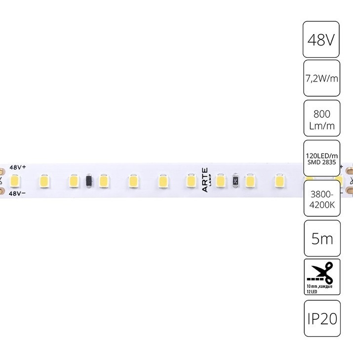 A4812010-02-4K Светодиодная лента 48В 7.2Вт/м 800Лм/м 4000К CRI 90+ 10мм SMD2835 120шт/м 5м IP20