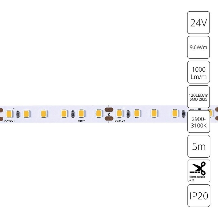 A2412008-01-3K Светодиодная лента 24В 9,6Вт/м 1000Лм/м 3000К CRI 90+ 8мм SMD2835 120шт/м 5м IP20