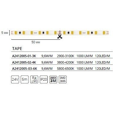 A2412005-01-3K Светодиодная лента 24В 9,6Вт/м 1000Лм/м 3000К CRI 90+ 5мм SMD2835 120шт/м 5м IP20