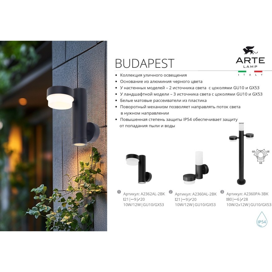 Уличный настенный светильник под лампы GU10+GX53 с защитой IP54 Arte Lamp BUDAPEST A2362AL-2BK