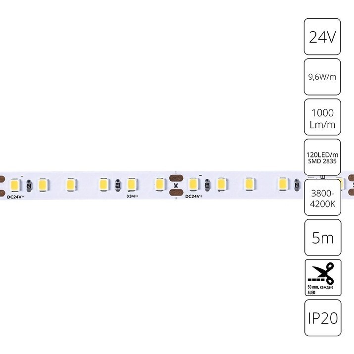 A2412008-02-4K Светодиодная лента 24В 9,6Вт/м 1000Лм/м 4000К CRI 90+ 8мм SMD2835 120шт/м 5м IP20