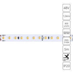 A4812010-01-3K Светодиодная лента 48В 7.2Вт/м 800Лм/м 3000К CRI 90+ 10мм SMD2835 120шт/м 5м IP20