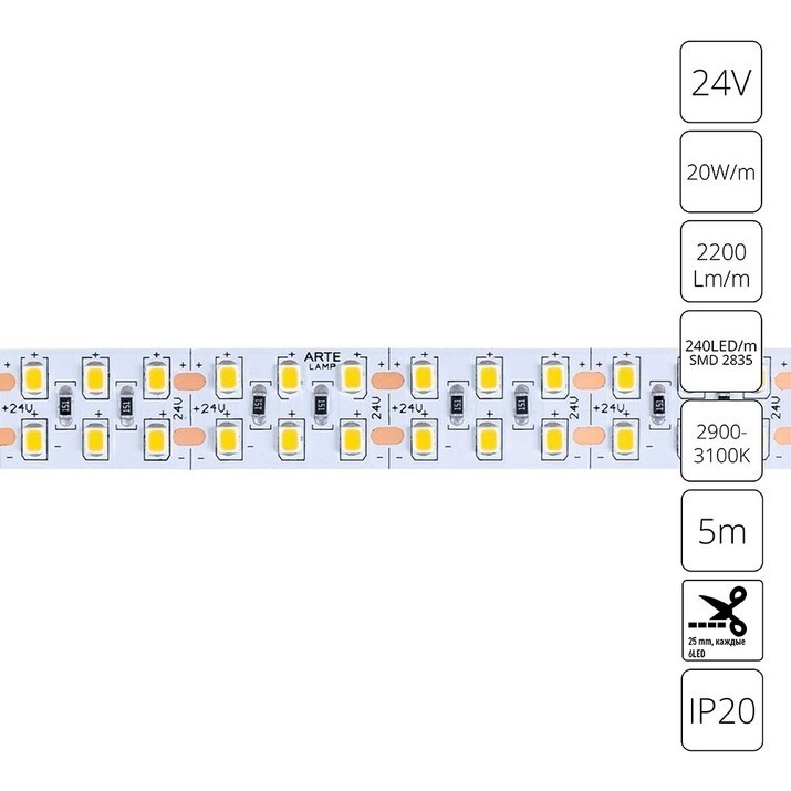 A2424015-01-3K Светодиодная лента 24В 20Вт/м 2200Лм/м 3000К CRI 90+ 15мм SMD2835 240шт/м 5м IP20