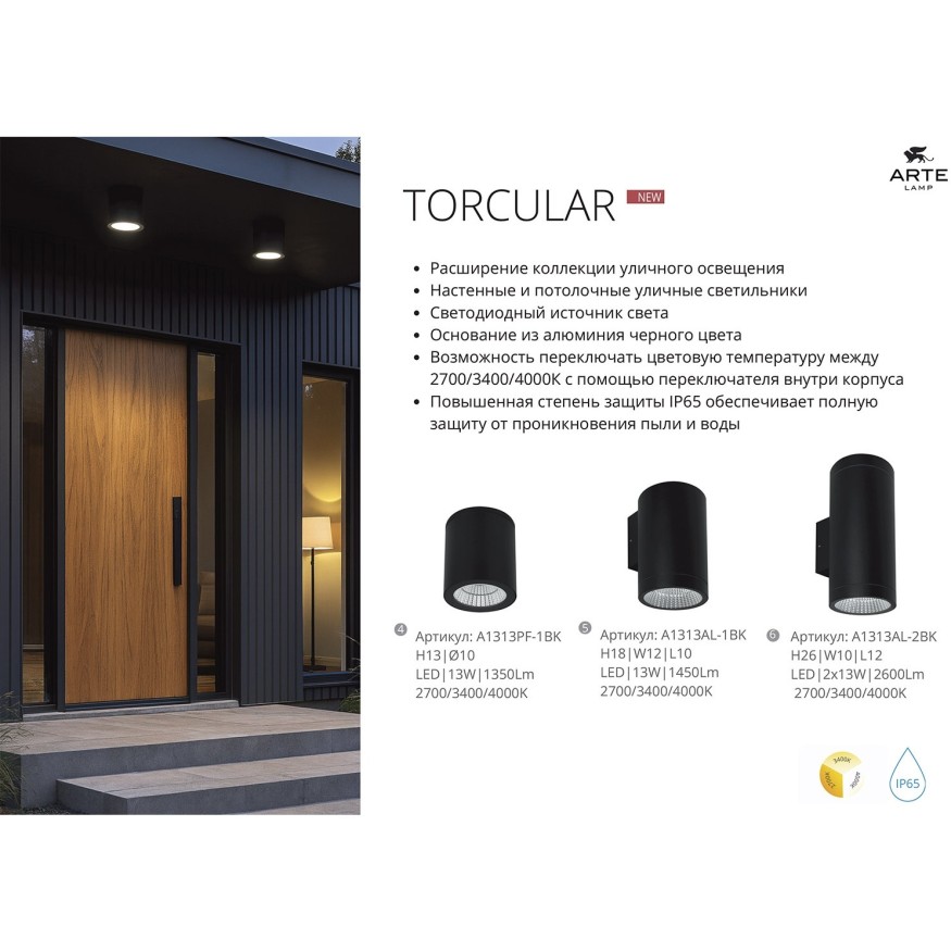 Фасадный светильник LED 2700/3400/4000 1450Lm Arte Lamp TORCULAR A1313AL-1BK