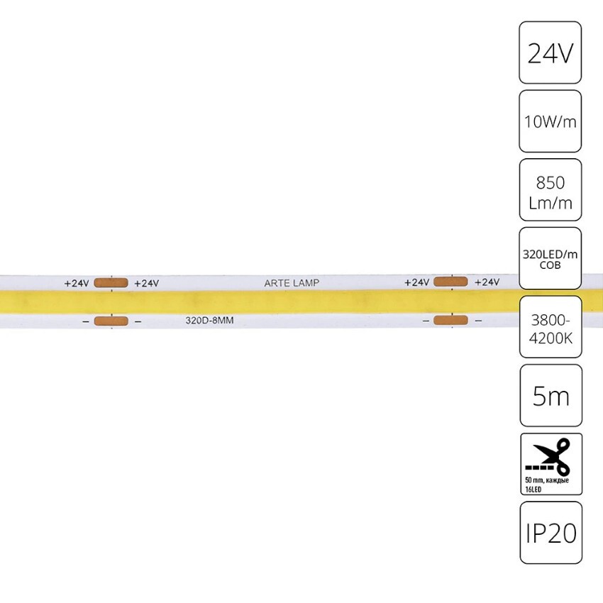 A2432008-02-4K Светодиодная лента 24В 10Вт/м 850Лм/м 4000К CRI 90+ 8мм COB 320шт/м 5м IP20