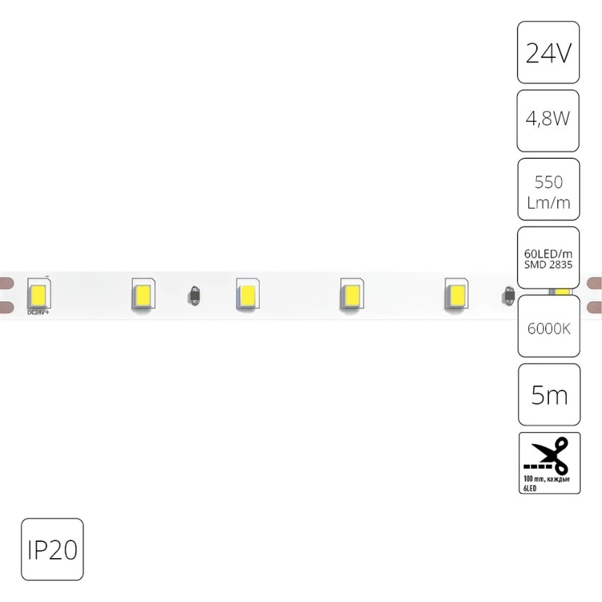 Светодиодная лента 24В 4,8Вт/м 550Лм/м 6000К CRI 90+ 8мм SMD2835 IP20 5м Arte Lamp TAPE A2406008-03-6K