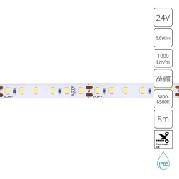 A2412008-06-6K Светодиодная лента 24В 9,6Вт/м 1000Лм/м 6000К CRI 90+ 8мм SMD2835 120шт/м 5м IP65