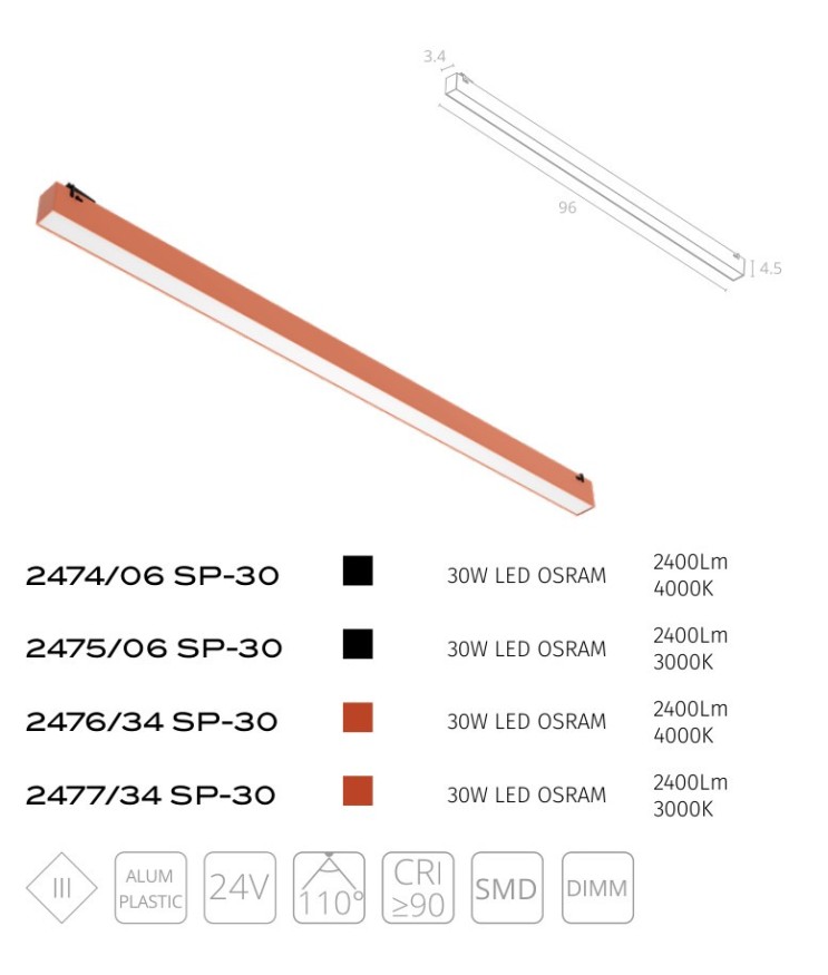 2477/34 SP-30 Трековый ременный светодиодный светильник диммируемый по TRIAC 0/1-10V Divinare Decorato CRI90+ 3000К 2400Лм 110° 30Вт